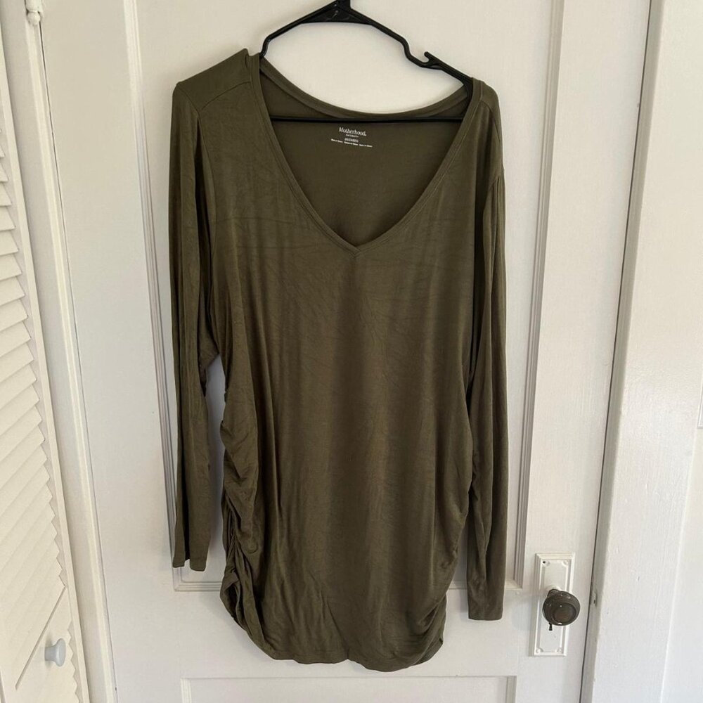 Motherhood Maternity V-Neck Side Ruched Long Sleeve, Olive Green, 2X